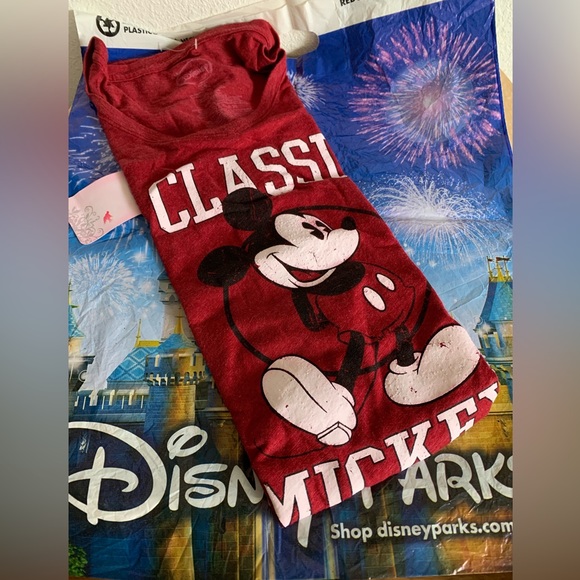 NWT Mickey Mouse WALT DISNEY T-Shirt Womens M Classic Fitted Burgundy Red Top - Picture 2 of 6